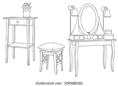 Vintage Make Up Table Line Art Illustration