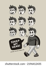 A Vintage Male Mascot Character With Various Faces And Expressions! Vector Illustration