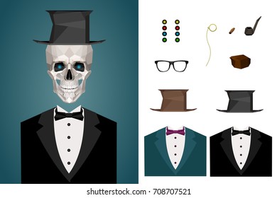 Vintage male skeleton with accessories set in low poly style. Clip art suit, top hat, glasses, pipe, cigar etc. Vector illustration