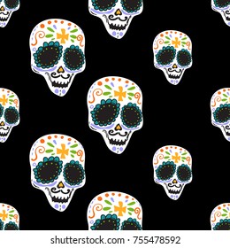 Vintage male sugar skull seamless pattern. Bright traditional illustration on black background for fabric design in watercolor style.