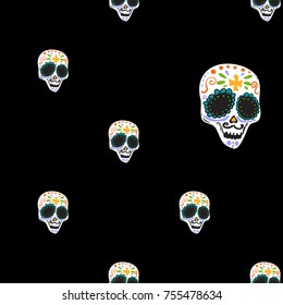 Vintage male sugar skull seamless pattern. Bright traditional illustration on black background for fabric design in watercolor style.