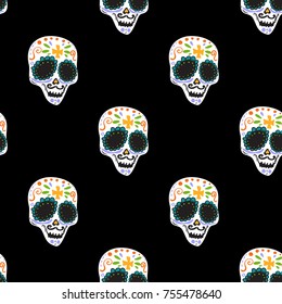 Vintage male sugar skull seamless pattern. Bright traditional illustration on black background for fabric design in watercolor style.