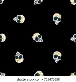 Vintage male sugar skull seamless pattern. Bright traditional illustration on black background for fabric design in watercolor style.