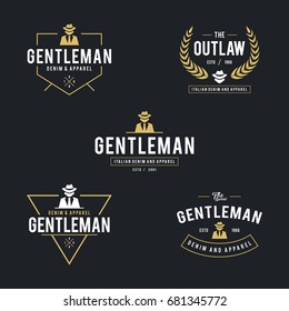 Vintage Man in black suit badge and label, Gentleman symbol, denim fashion