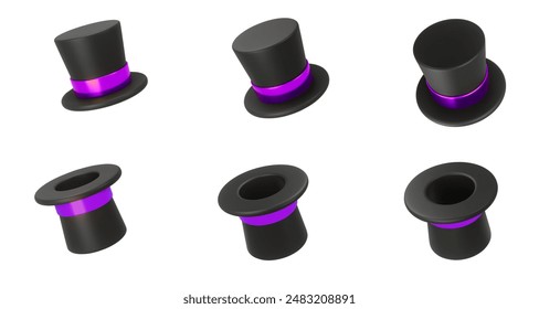 Vintage man fashion and magic show concept.  Set 3d rendering illustration of a Cylinder magic hat with purple ribbon. Vector art isolated on white background