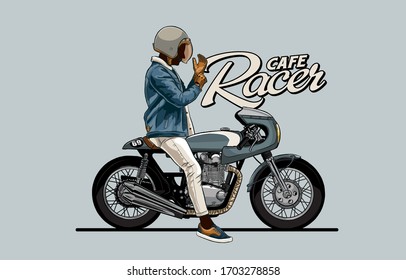 Vintage man with helmet bestride on vintage bike. Vector illustrator design for biker lover.