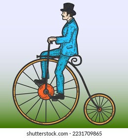 Vintage Mann auf einem hohen Fahrrad, Penny Farthing. Sketch-Kratzbrett-Imitationsfarbe.