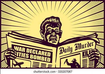 Vintage Man Reading Tabloid Newspaper With Anxious And Scared Face Expression, Crime News, Panic, Cold Sweat, Shocking Stories, Scaremongering