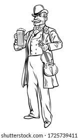 Vintage man with violin and beer glass