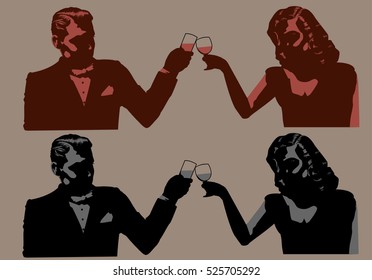 Vintage man and woman toasting/ Editable Eps 10.