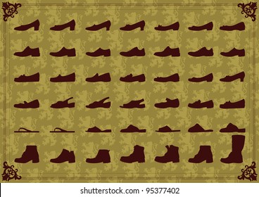 Vintage man and women shoes silhouette collection background illustration vector