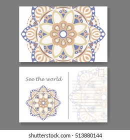Vintage mandala design for postcard. Vector illustration. Design for greeting card with decorative ornament