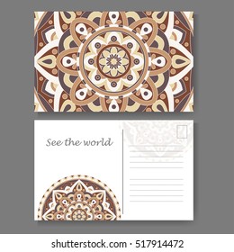 Vintage mandala design for postcard. Vector illustration. Design for greeting card with decorative ornament