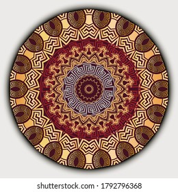Vintage mandala pattern. Vector ornamental greek floral background. Patterned Baroque backdrop. Ancient greek key, meander ornament with baroque style flowers, leaves. Colorful ornate modern design.