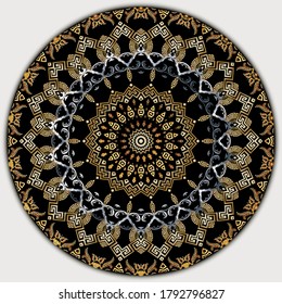 Patrón de mandala vintage. Vector de fondo floral gris ornamental. Fondo barroco con estampado. La antigua llave griega, los serpentines ornamentos. Diseño moderno geométrico. Flores, hojas, formas de estilo antiguo