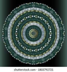 Patrón de mandala vintage. Vector de fondo floral gris ornamental. Fondo barroco con estampado. Llave griega antigua, adorno más suave con flores de estilo barroco, hojas. Diseño colorido y moderno.