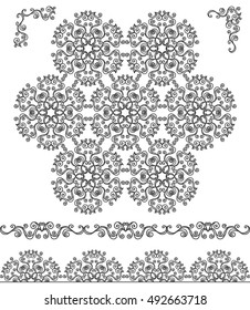 Vintage mandala,seamless borders background.Vector Royal lace,flourishes ornament.Holiday decor,wedding swirls.Oriental,eastern,arabic decoration.Wallpaper,wrap. Illustration