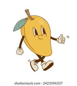 Mascota de mango vintage aislada de fondo blanco. Dibujo gráfico de historietas retro de fruta tropical ilustración vectorial. Alimentos veganos sanos