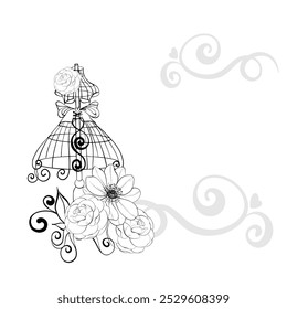 Vintage mannequin with floral arrangement - roses and anemone. Old fashioned, dressmaker frame, background. Romantic and elegance sewing and tailor for postcards. Graphic vector line, hand drawn