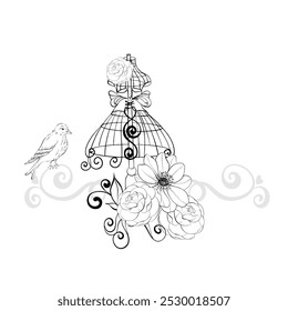 Vintage mannequin with floral arrangement - roses and anemone with beard. Old fashioned, dressmaker arrangement. Romantic and elegance sewing and tailor for postcards. Graphic vector line, hand drawn