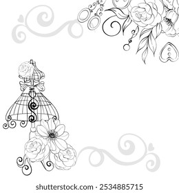 Vintage mannequin with floral arrangement - roses and anemone, template, background. Old fashioned, dressmaker frame, background. Romantic and elegance sewing and tailor for postcards. Graphic vector