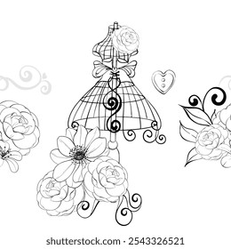 Vintage mannequin with floral arrangement - roses and anemone. Old fashion, retro dressmaker seamless pattern, border. Romantic and elegance sewing background and tailor for postcards. Graphic vector