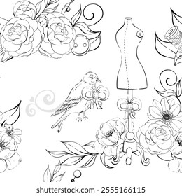 Vintage mannequin with flowers and victorian bird. Old fashion, dressmaker seamless pattern, background. Romantic and elegance sewing background and tailor for postcards. Graphic vector line, hand