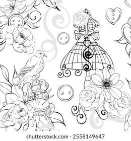 Vintage mannequin with victorian bird and curl. Floral arrangement and sewing tools - buttons, needles, scissors. Old fashion, dressmaker seamless pattern. Romantic and elegance sewing background and