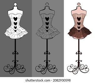 Vintage Mannequin With Women's Underwear And Corset. Mannequins Black Silhouette For Sewing Women's Fashion Clothing In The Style Of Flat Design