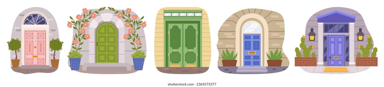 Vintage Mansion Doors with Porches, Decor and Potted Plants, Evoke Timeless Charm With Their Weathered Wood, Ornate Handles, And Intricate Detailing of the Rustic Elegance. Cartoon Vector Illustration