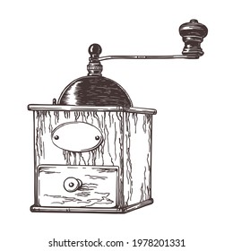 Vintage manual coffee grinder hand drawn in sketch style. Black ink outlines isolated on white background. Coffee mill.