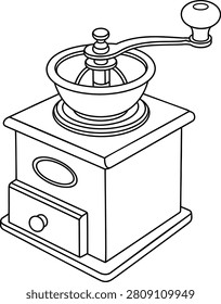 Vintage manual coffee grinder vector illustration. Hand drawn sketch of antique wooden coffee mill with hand crank, isolated black line art.