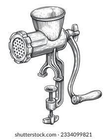 Vintage manual mechanical meat grinder. Retro mincer, kitchen equipment. Engraved sketch vector illustration