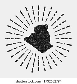 Vintage map of Algeria. Grunge sunburst around the country. Black Algeria shape with sun rays on white background. Vector illustration.