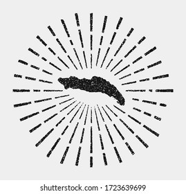 Vintage map of Anegada. Grunge sunburst around the island. Black Anegada shape with sun rays on white background. Vector illustration.