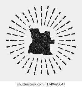 Vintage map of Angola. Grunge sunburst around the country. Black Angola shape with sun rays on white background. Vector illustration.