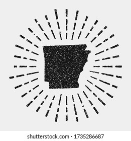 Vintage map of Arkansas. Grunge sunburst around the US state. Black Arkansas shape with sun rays on white background. Vector illustration.