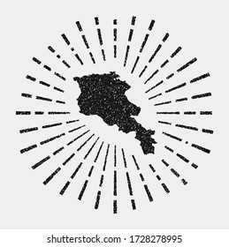 Vintage map of Armenia. Grunge sunburst around the country. Black Armenia shape with sun rays on white background. Vector illustration.