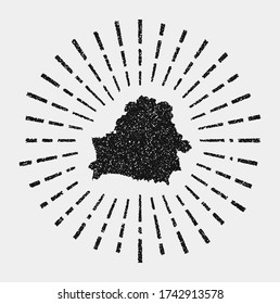 Vintage map of Belarus. Grunge sunburst around the country. Black Belarus shape with sun rays on white background. Vector illustration.