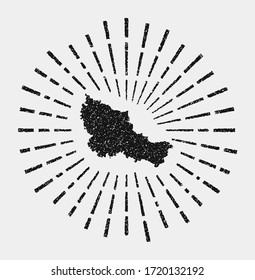 Vintage map of Belle Ile. Grunge sunburst around the island. Black Belle Ile shape with sun rays on white background. Vector illustration.