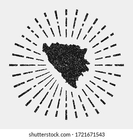 Vintage map of Bosnia. Grunge sunburst around the country. Black Bosnia shape with sun rays on white background. Vector illustration.