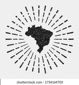 Vintage Map Of Brazil. Grunge Sunburst Around The Country. Black Brazil Shape With Sun Rays On White Background. Vector Illustration.