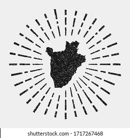 Vintage map of Burundi with a grunge sunburst around the country. Black Burundi shape with sun rays on a white background. Vector illustration.