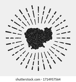 Vintage map of Cambodia with a grunge sunburst around the country. Black Cambodia shape with sun rays on a white background. Vector illustration.