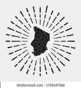 Vintage map of Chad with a grunge sunburst around the country. Black Chad shape with sun rays on a white background. Vector illustration.