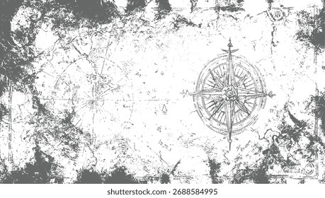 Un mapa vintage con una brújula rosa y textura angustiada en gris y blanco.