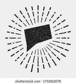Vintage map of Connecticut. Grunge sunburst around the US state. Black Connecticut shape with sun rays on white background. Vector illustration.