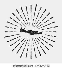 Vintage map of Crete. Grunge sunburst around the island. Black Crete shape with sun rays on white background. Vector illustration.