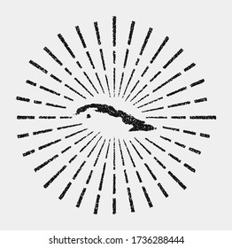 Vintage map of Cuba. Grunge sunburst around the country. Black Cuba shape with sun rays on white background. Vector illustration.