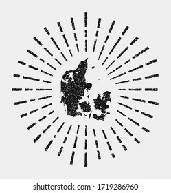 Vintage map of Denmark with a grunge sunburst effect. Black Denmark shape with sun rays on a white background. Vector illustration.